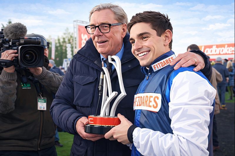ben pauling with trophy after king george vi win with jukebox man